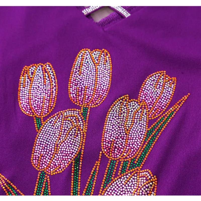 Summer New Fashion Korean Clothes Women's T-shirt Luxury Flower Hot Diamonds Tees Sexy Streetwear Girls Slim Short Sleeve Tops