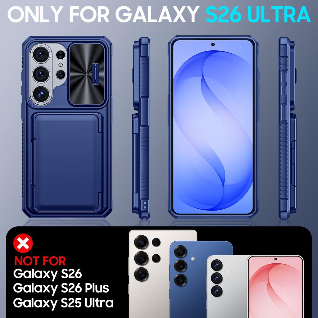 Pouzdro na telefon Samsung Galaxy S26 Ultra s držákem na karty, posuvným krytem fotoaparátu a stojánkem, protipádové pouzdro-peněženka z PC+TPU - Modrá