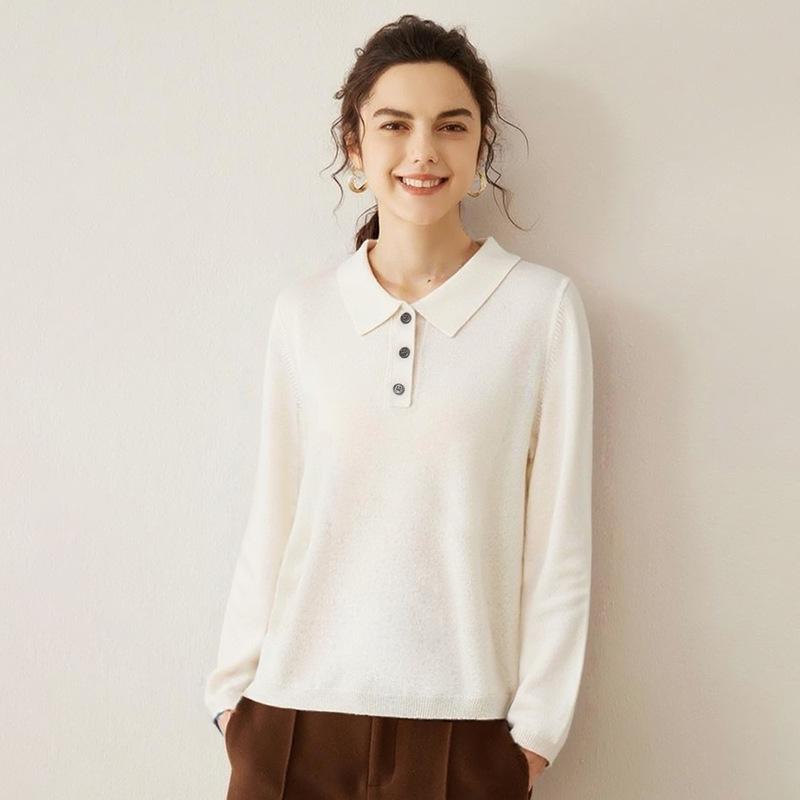 Women's 100% Pure Cashmere Slimming Polo Collar Sweater - Autumn/Winter Casual Long Sleeve Knitwear.