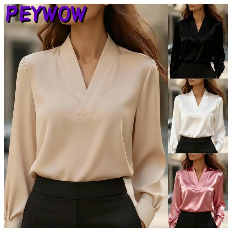 PEYWOW Women's Fashion V-Neck Long Sleeve Spring Autumn Casual Blouses & Shirts