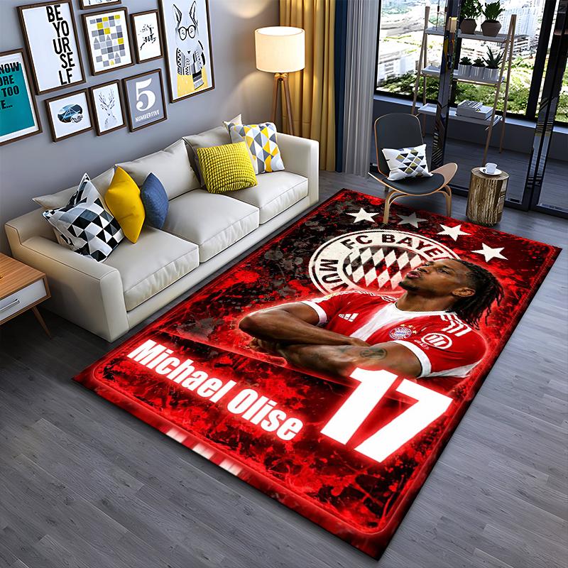 Soccer Star Area Rug, Michael Olise Bayern Munich 17 Red Stars Grunge Crest Print, Football Fan Decor, Non-Slip Mat