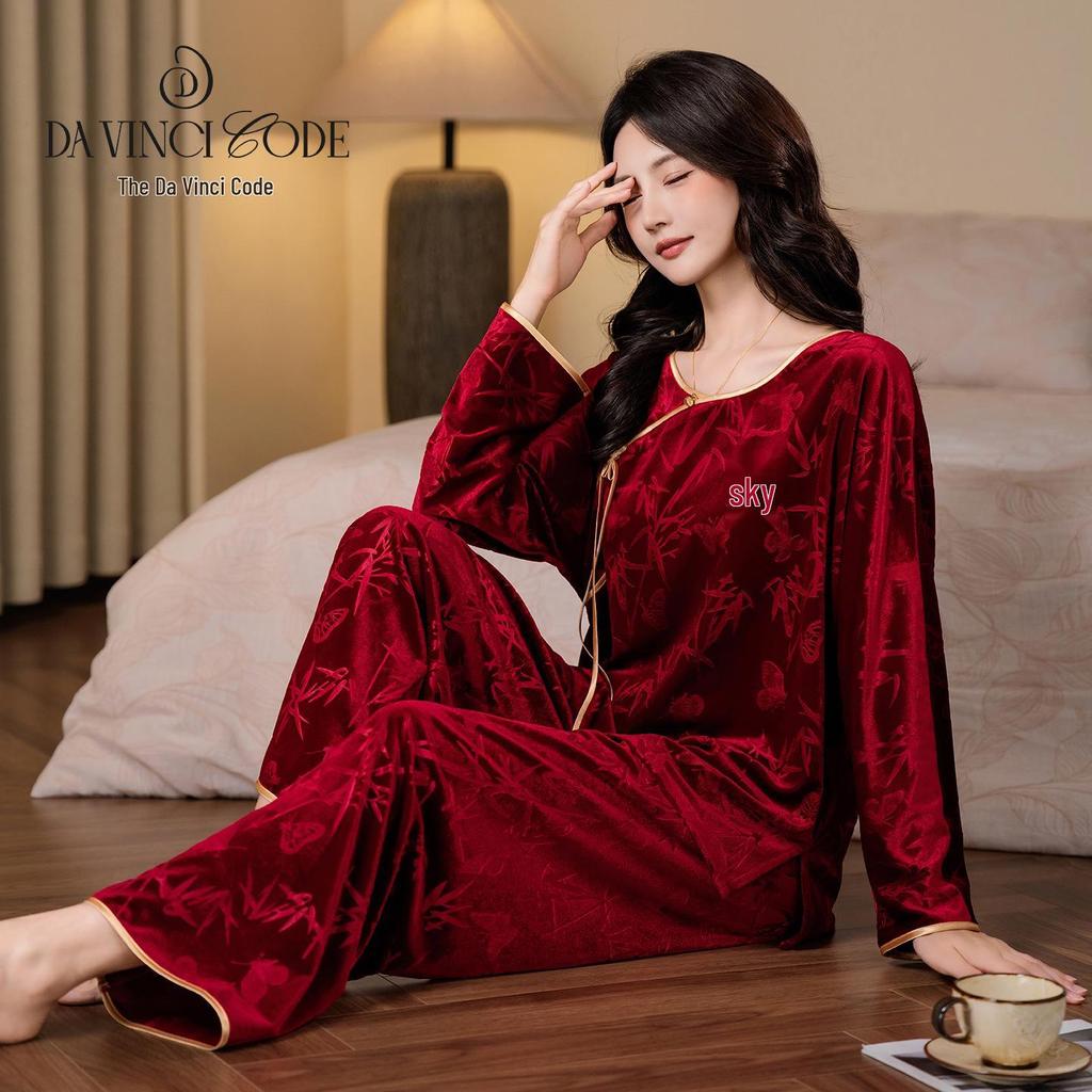 Da Vinci Code Bamboo-Inspired Gold Velvet Women’s Long-Sleeve Pants Set: Cozy Autumn/Winter Home Wear