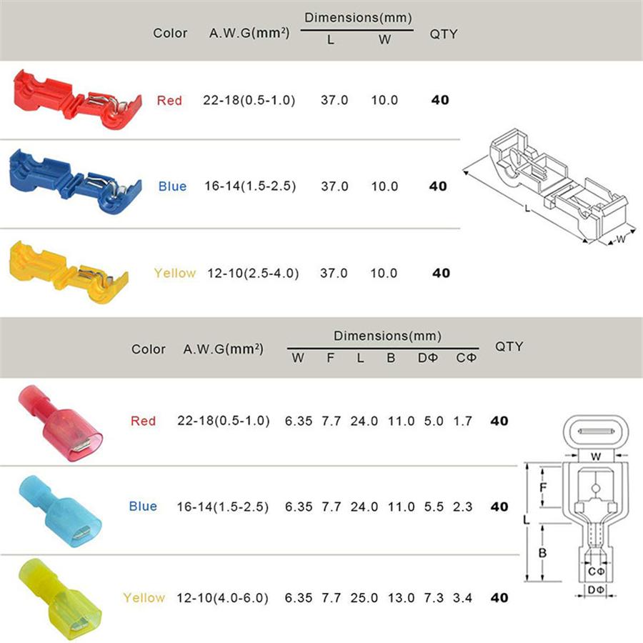 240 Pcs Car 22-10AWG 3-Color Insulated Splice Wire Terminal T-Tap Connector Set