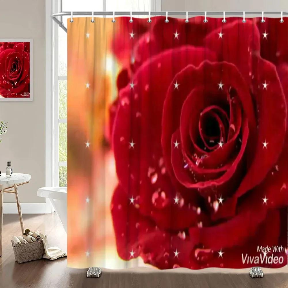 Valentine's Day Shower Curtain, Rose Flower Heart Romantic Plant Love Lipstick Polyester Printed Fabric Bathroom Decoration