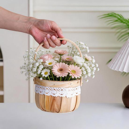Flower Basket, with Lace Decor, Hand-Woven Wicker Rattan Flower Basket, Wood Portable Floral Gift Basket