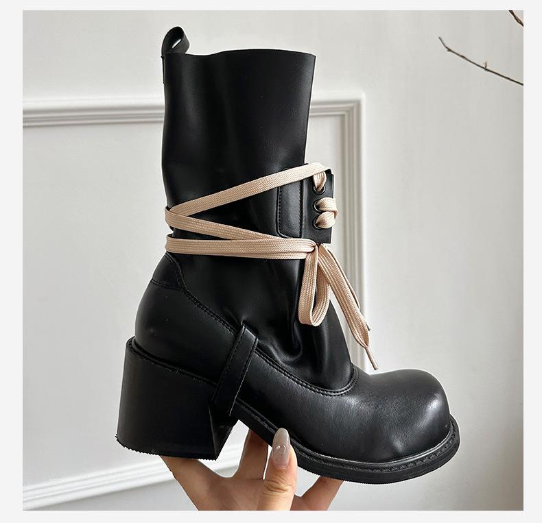 

Yueyu 2025 new thick-soled heightening bundle strap short boots Spice girls pile boots thick heel thin round head Martin boots 42 чёрный