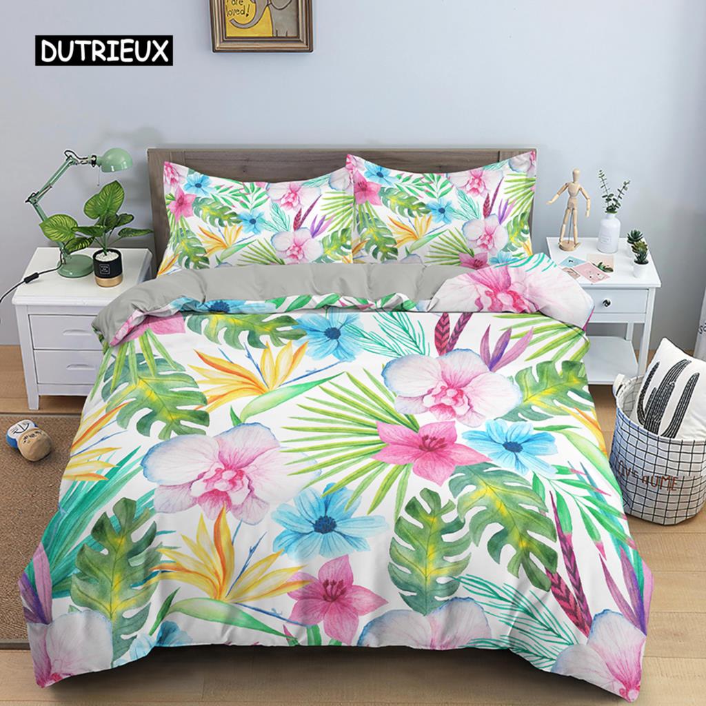 Tropical Plant Bed Linen Collection Green Leaves Quilt Cover with Zipper Closure Comforter Cover Queen Size King Dimension Full Polyester Fabric Quilt