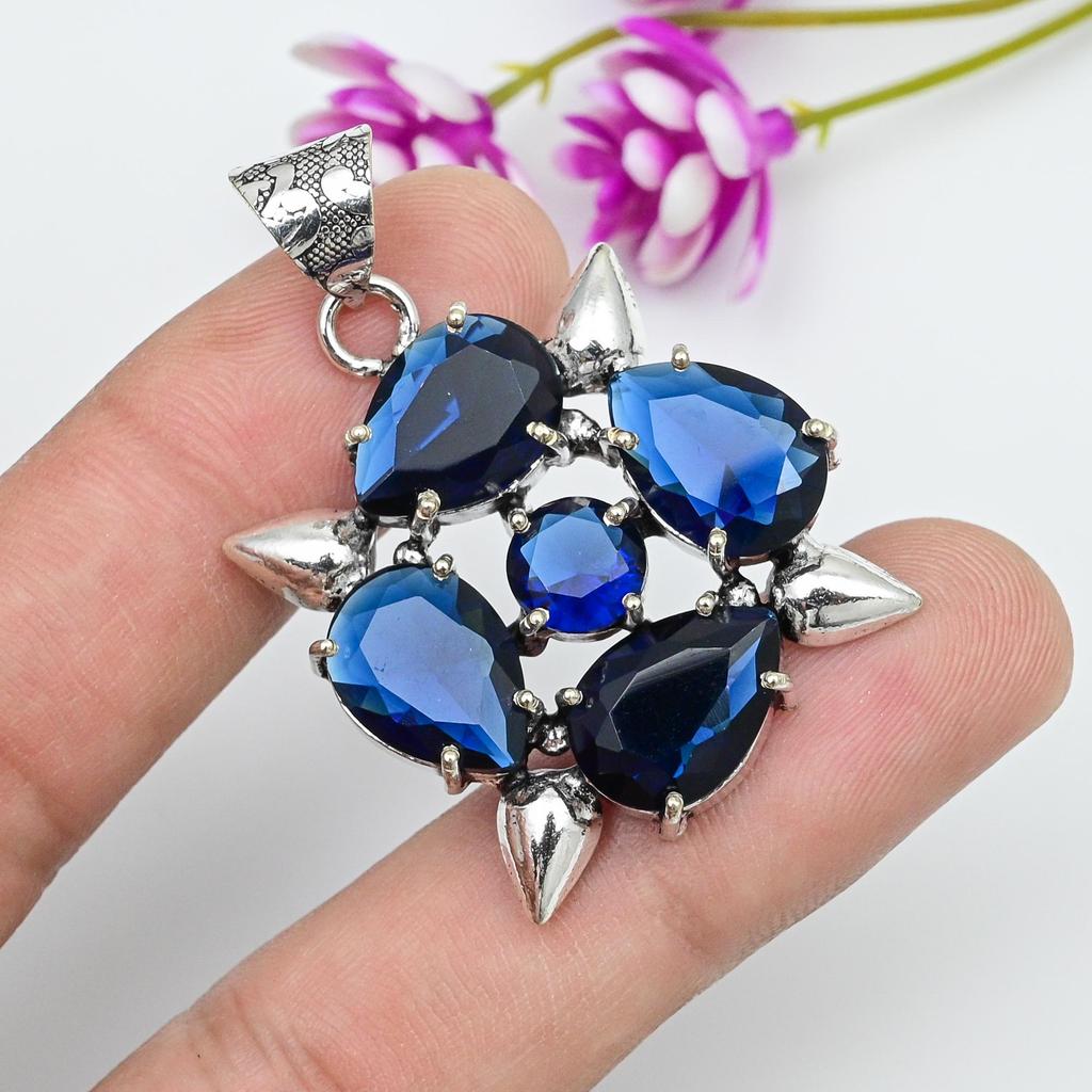 Blue Sapphire Pendant, Handmade Gemstone Pendant, 925 Solid Sterling Silver Pendant Antique Jewelry, For Engagement Gift