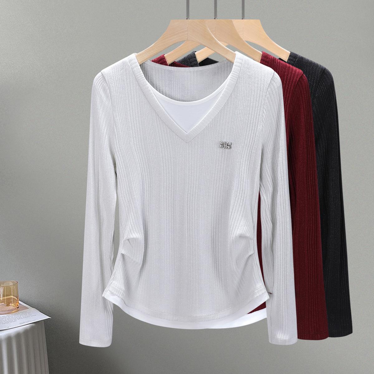 

Женская летне-осенняя футболка с длинными рукавами, имитация двойки, нишевая, облегающая, с внутренним топом, с дизайном переднего плеча XXXL белый