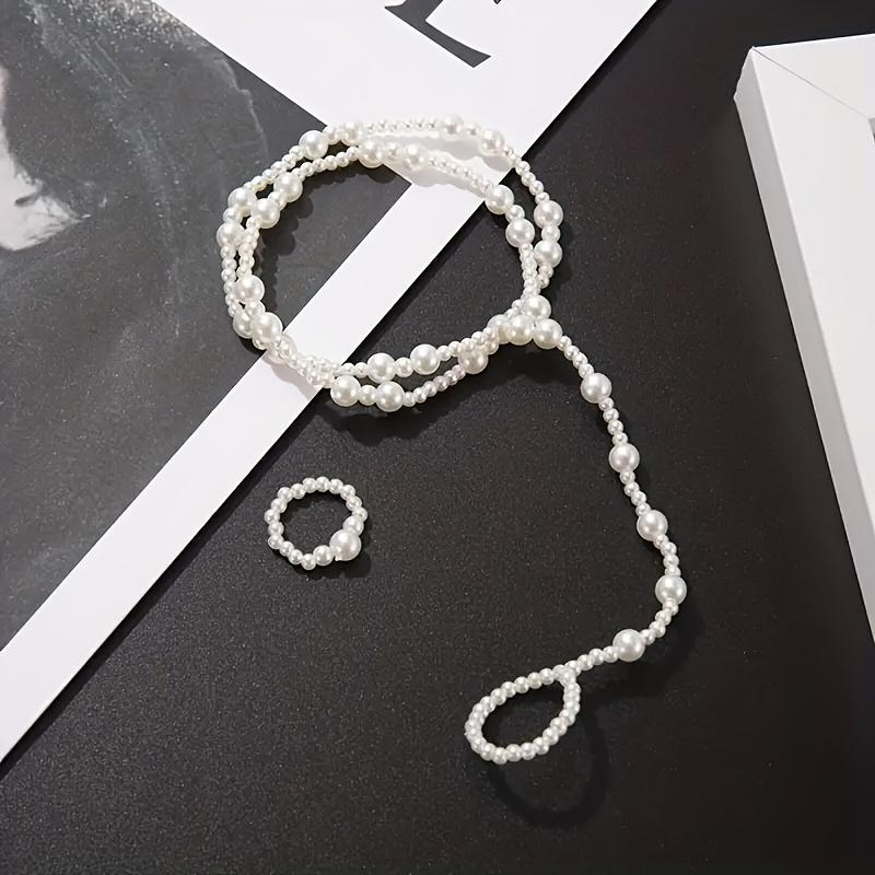2 Pezzi/Set Bellissimi Sandali a Piedi Nudi con Perle Finte Braccialetto Doppio alla Caviglia Caviglia Anello per Dita del Piede Gioielli Calzature Bianche da Matrimonio