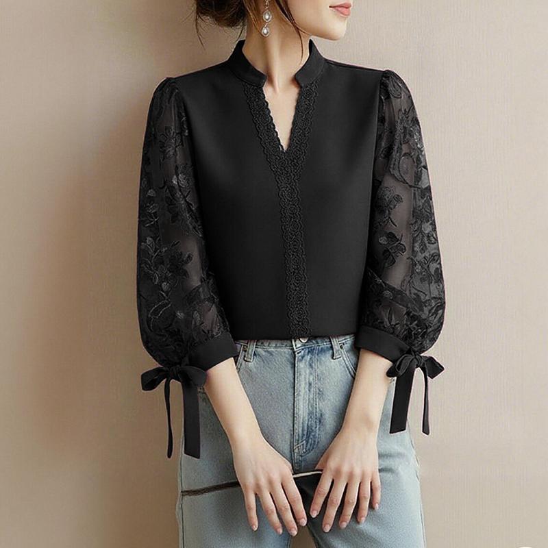 ZANZEA Damska Elegancka Koronkowa Wstawka Rękaw 3/4 Casualowa Bluzka z Dekoltem V