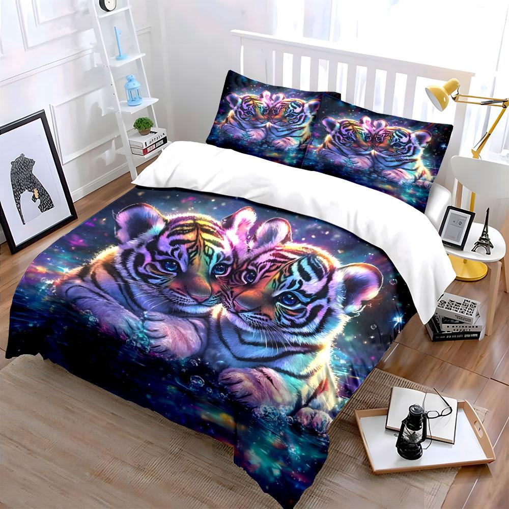 Colorful Tiger Cubs In Water Bedding Duvet Cover Set  (1*Duvet Cover 2*Pillowcases, Without Duvet Insert)