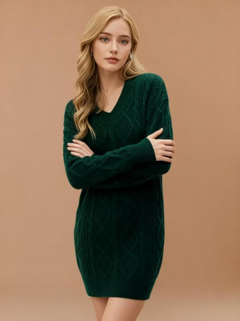 2025 Autumn/Winter Women's Mid-Length V-Neck Cable Knit Dress