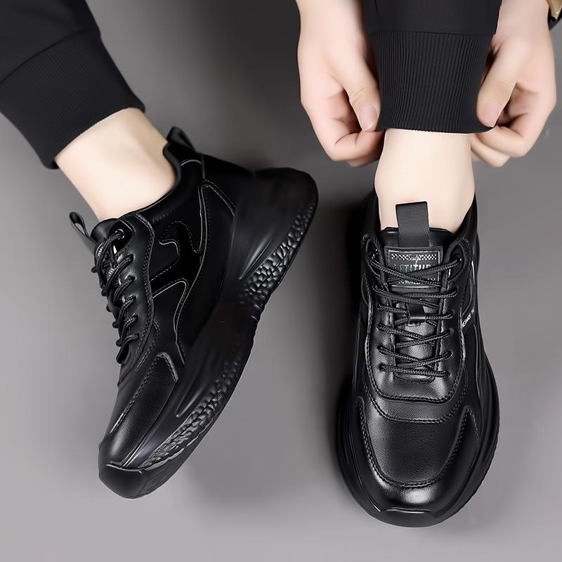 Thick Sole Versatile Clunky Sneaker For Men Genuine Leather Lace Up Breathable Casual Sports Shoes Increased Soft Soles