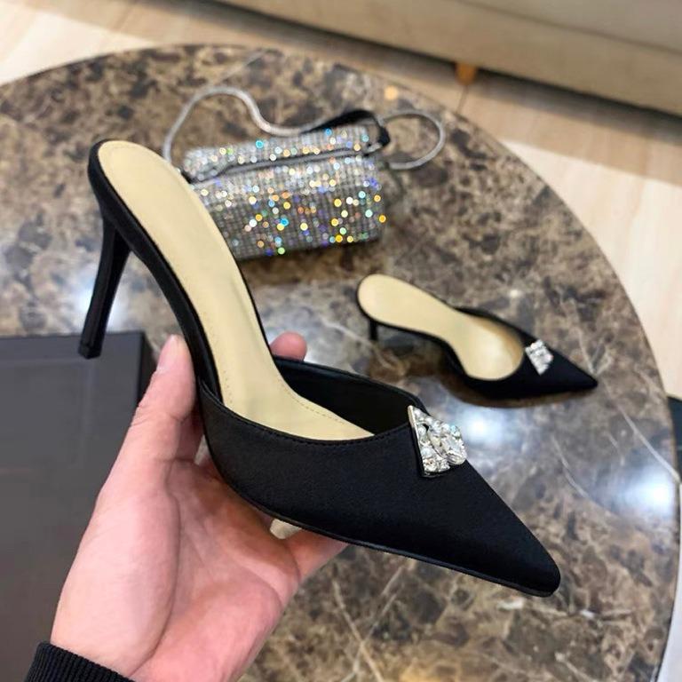 

Sun Zhihui pointed head shallow mouth high heels women s thin heel bag head drag square buckle rhinestone sexy temperament versatile half drag slipper 40