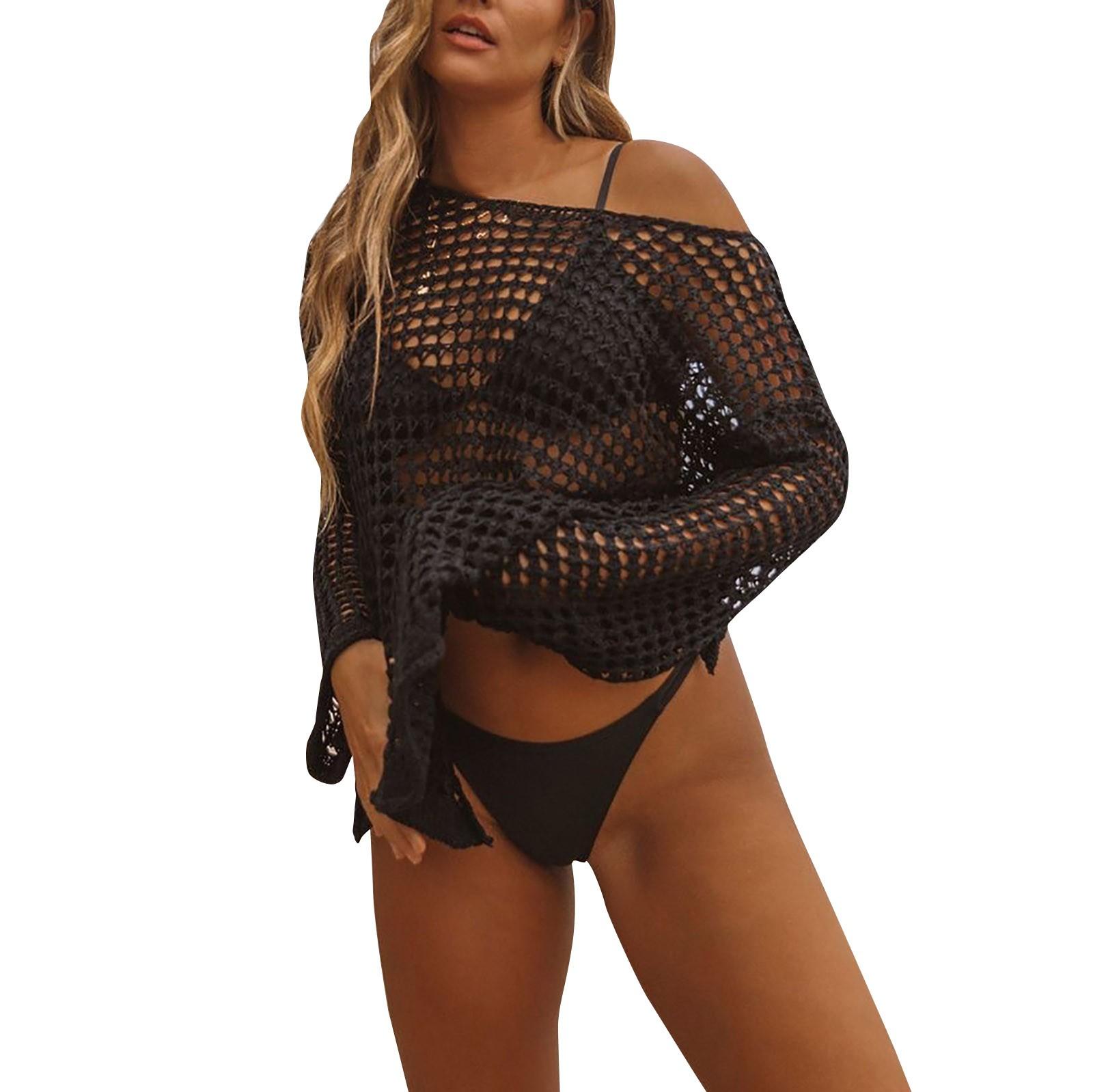 

Новый топ бикини с сетчатым ажурным вязаным купальником Пляжная вязка XL чёрный