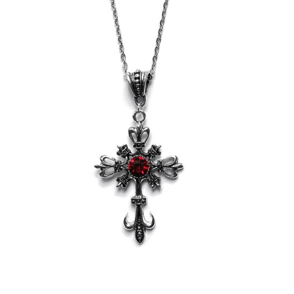 Gothic Large Baroque Silver Cross Pendant Necklace For Women With Geometric Design And Glass Charm