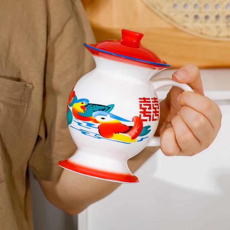 Mug Ceramic Spittoon Shape Water Cup Animal Printing in-Glaze Decoration Retro Funny Personalized Custom Red Blue Chinese Style