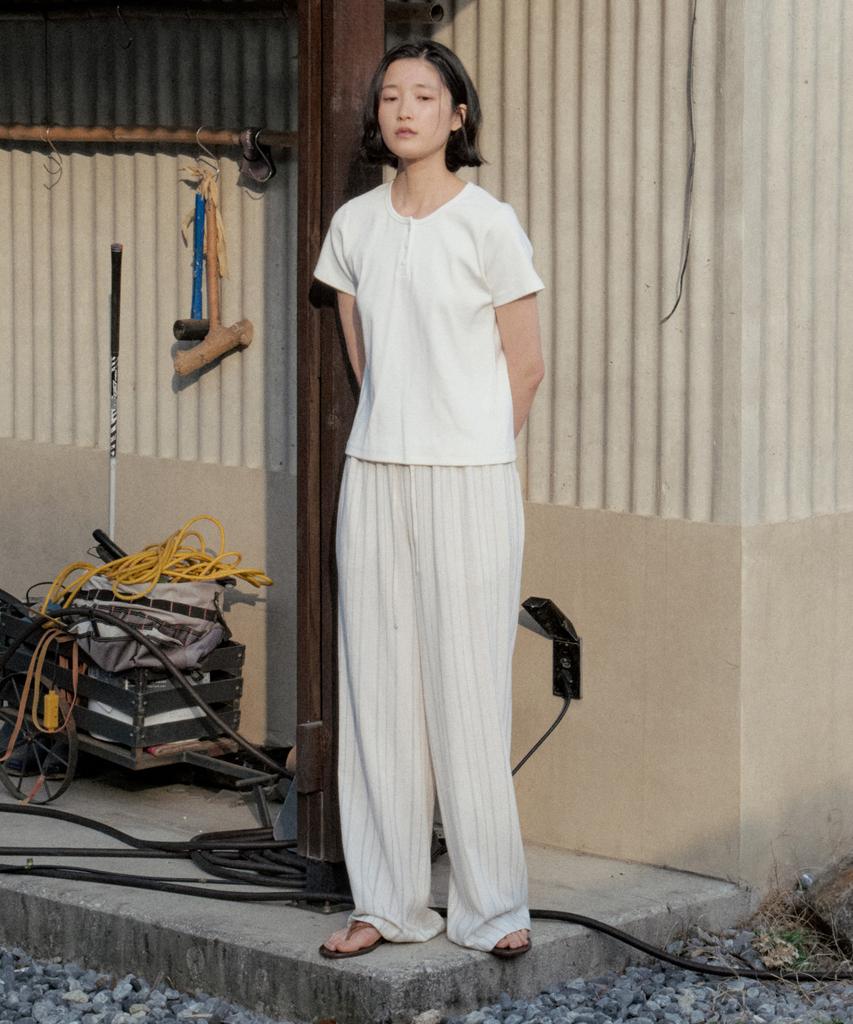 STEP AROUND Linen Stripe Easy Banding Pants_Oatmeal