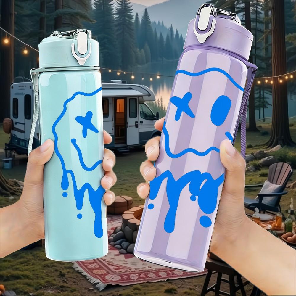 1PC Drippy Smile Melting Face Print 750ml Color Plastic Sports Water Bottle Leakproof Flip Straw Lid Suitable for Sports Office Home Use