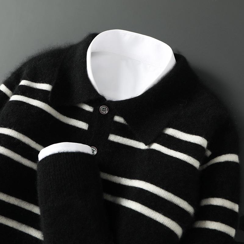 Men's 100% Wool Color Block Stripe Polo Collar Sweater, Autumn/Winter Collection