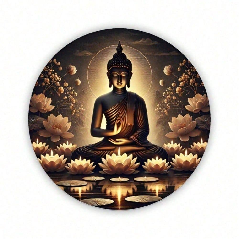 20x20cm Round Lotus Buddha Glow Metal Sign Wall Art Home Decor Indoor Outdoor