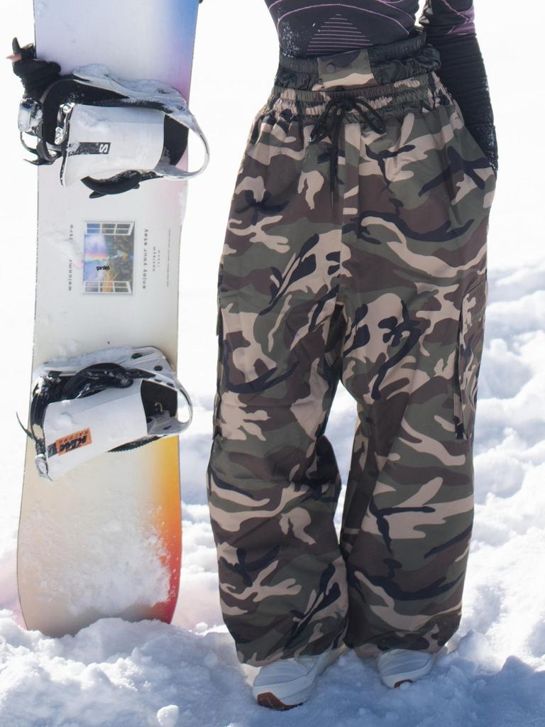 Calças de Esqui Camufladas Unissex: Equipamento de Snowboard à Prova de Vento, Impermeável, Espesso, Forrado com Fleece, Estilo Americano.