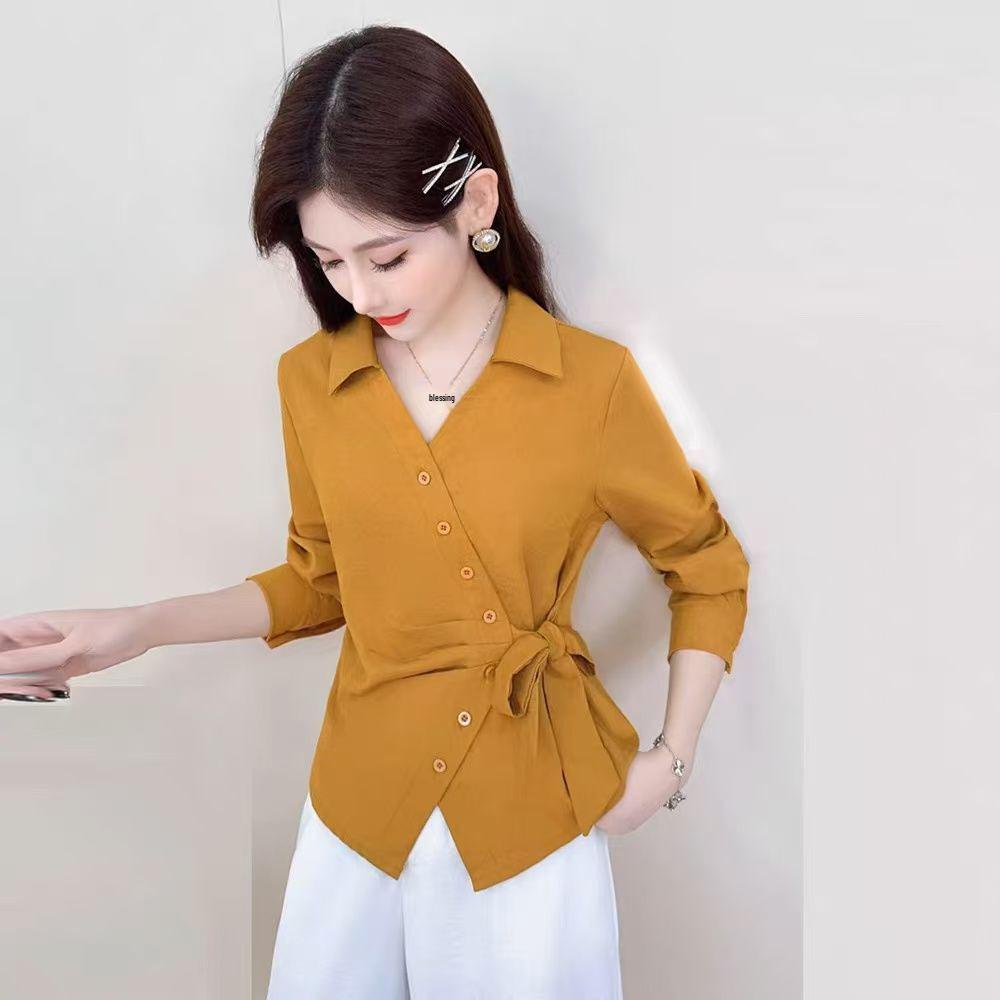 Autumn 2025 Fashion Bow Long-Sleeved Waist-Cinched Irregular Blouse
