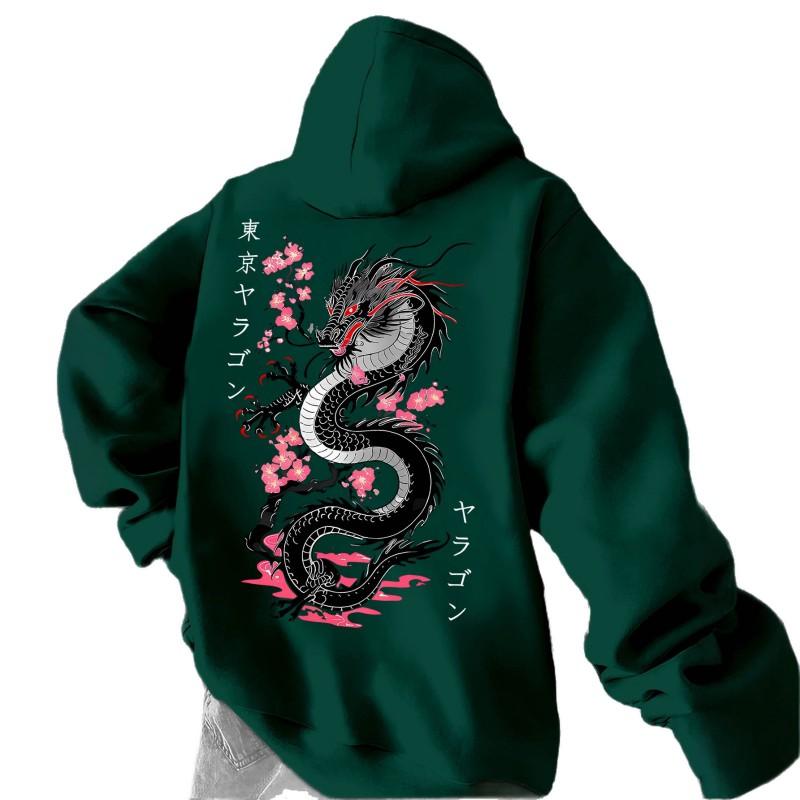 Black Dragon Cherry Blossom Print Hoodie Loose Drop Shoulder Unisex Pullover Sweatshirt Couples Winter Casual Wear