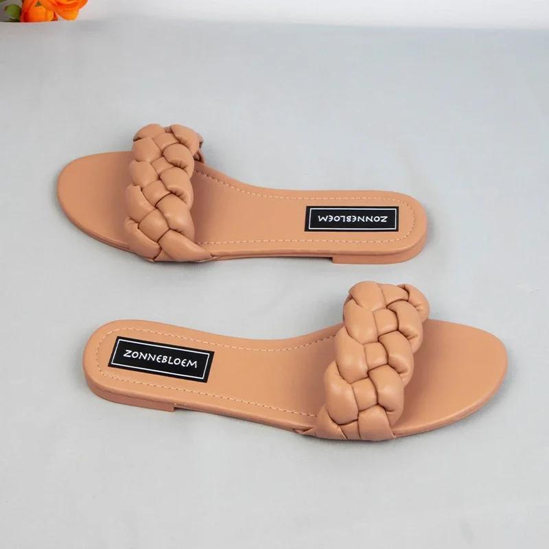 Fashion New Designer Fashion Summer Sandals Women Flat Bottom Ladies PU Leather Slides Weave Slip on Sandal Woman Outside Beach Shoes