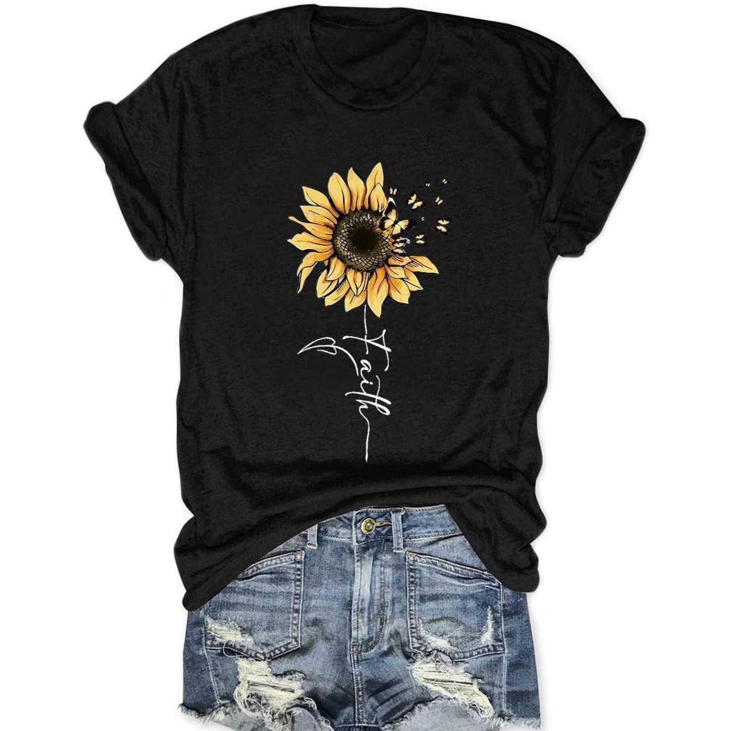 Sunflower Shirts for Women Faith Graphic Tees Short Sleeve Loose Fit Butterfly Teen Girls T Shirt Summer Tops S чёрный