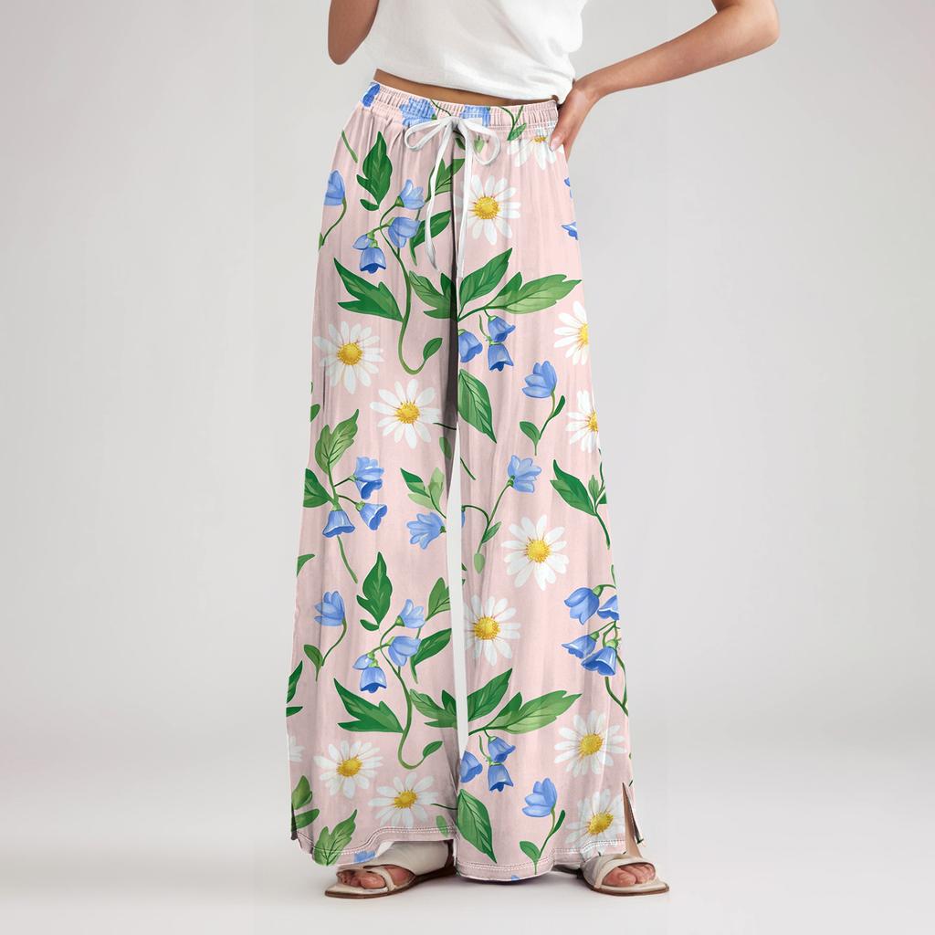 Women's Loose Casual Floral Print Wide Leg Pants With Elastic Waist Drawstring And Pocket Pants