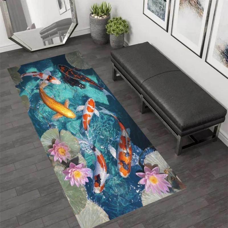 Vibrant Koi Fish Pond Runner Area Rug Carpet, Non Slip Floor Mat, Colorful Lotus Water Print Washable Kitchen Rug Long Runner