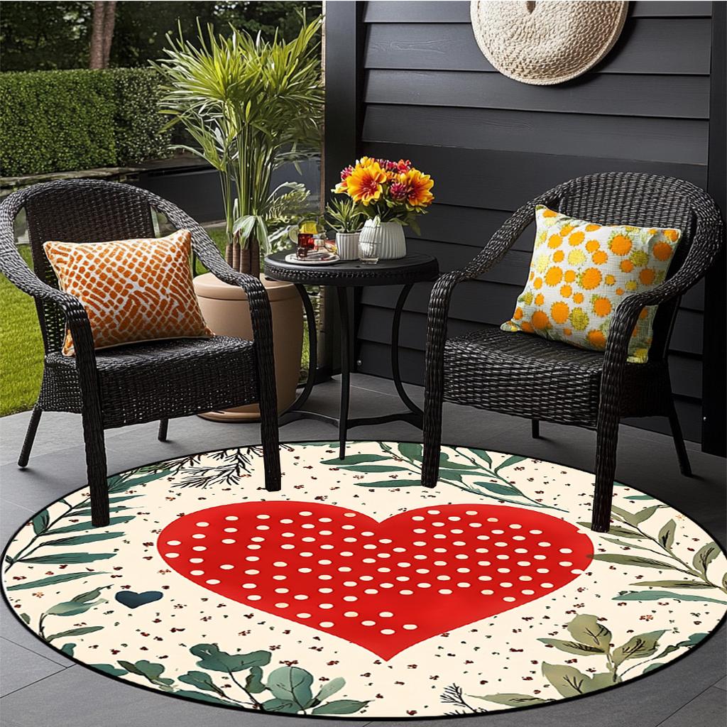 1pc Valentine's Day Heart Shaped Round Rug - with Greenery and Floral Pattern for Bedroom Living Room