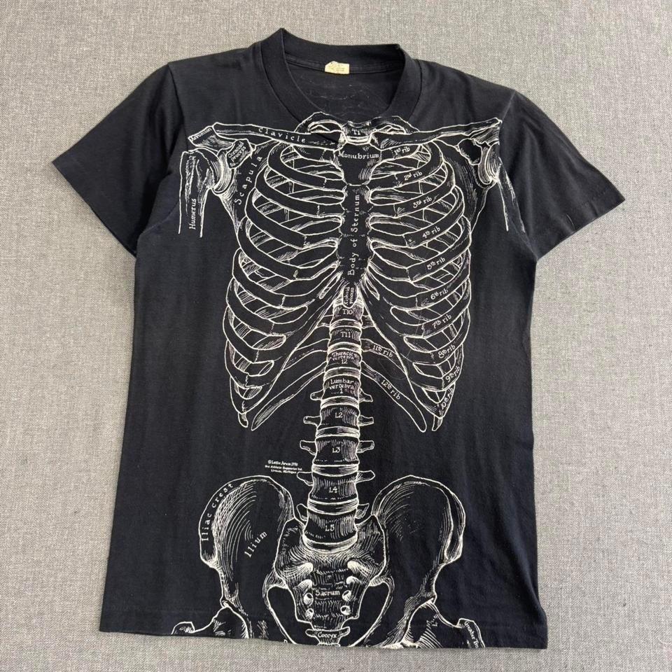 Maglietta Unisex Nera da Uomo Piccola con Scheletro a Raggi X di Anatomia Leslie Arwin Vintage 1978