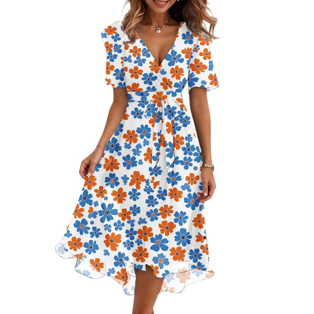 Women's Summer Floral Printed Casual Wrap V Neck Ruffled Hood Short Sleeves Belt A-Line Ruffle Hem Midi Sundress