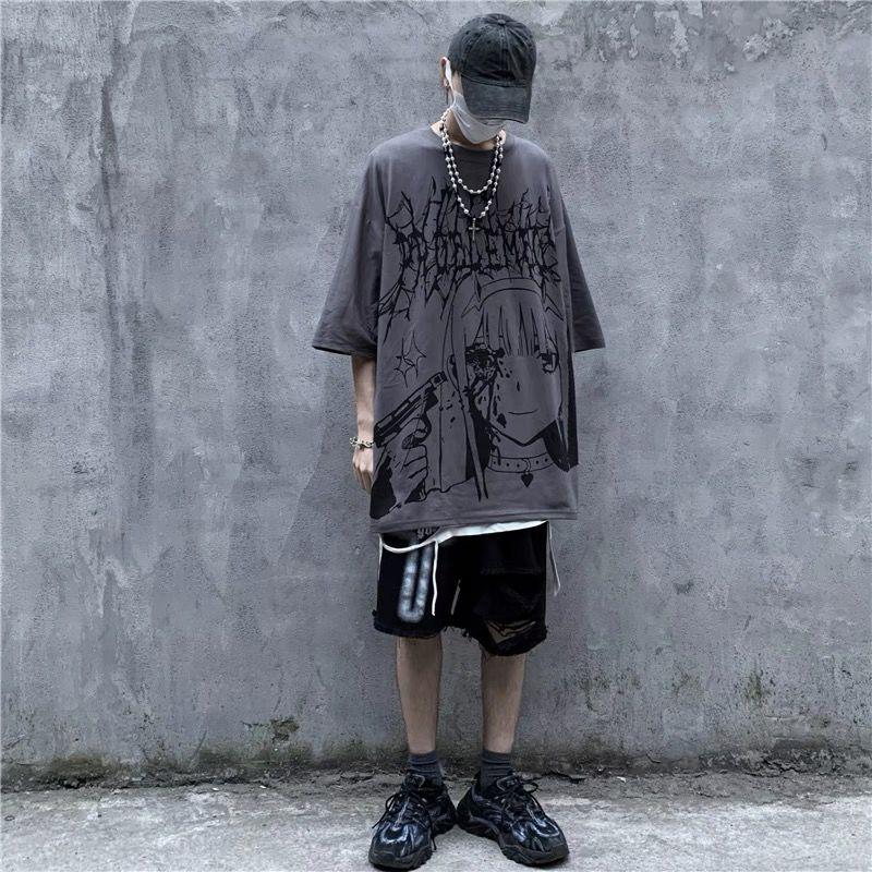 Men Anime T-shirt Summer Dark Tee High Street Gothic Skull Tshirt Loose Oversized Short-sleeved Tshirt Streetwear Top