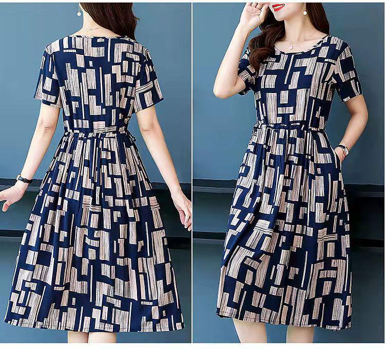 Plus Size Summer Dress for Middle-Aged & Elderly Women - Short Sleeve, Mid-Length - Southeast Asian Style
