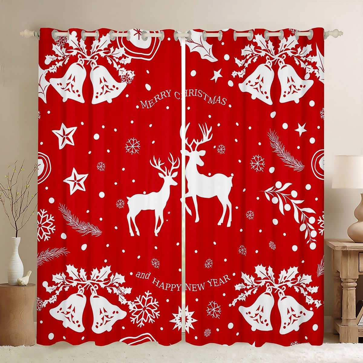 

Christmas Elk Curtains Theme Curtain Boys Girls New Year Bedroom Dorm Decor Winter Window Blackout Polyester Ideal For W100*H130(CM)-Grommet top&2PCS
