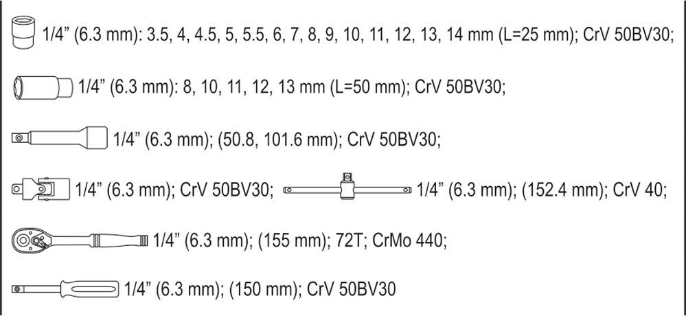 Tool set 1/4"""" set of 25 pcs YT-14461 YATO