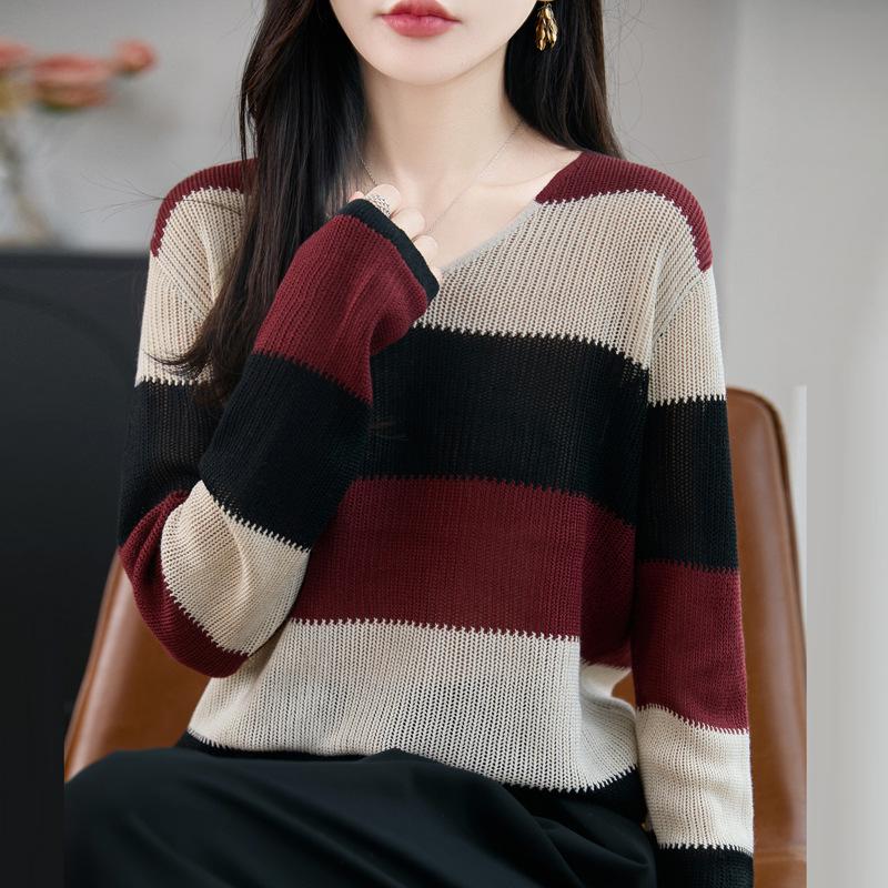 Women's V-Neck Striped Knit Sweater - Long Sleeve, Slimming, Loose Fit for Autumn