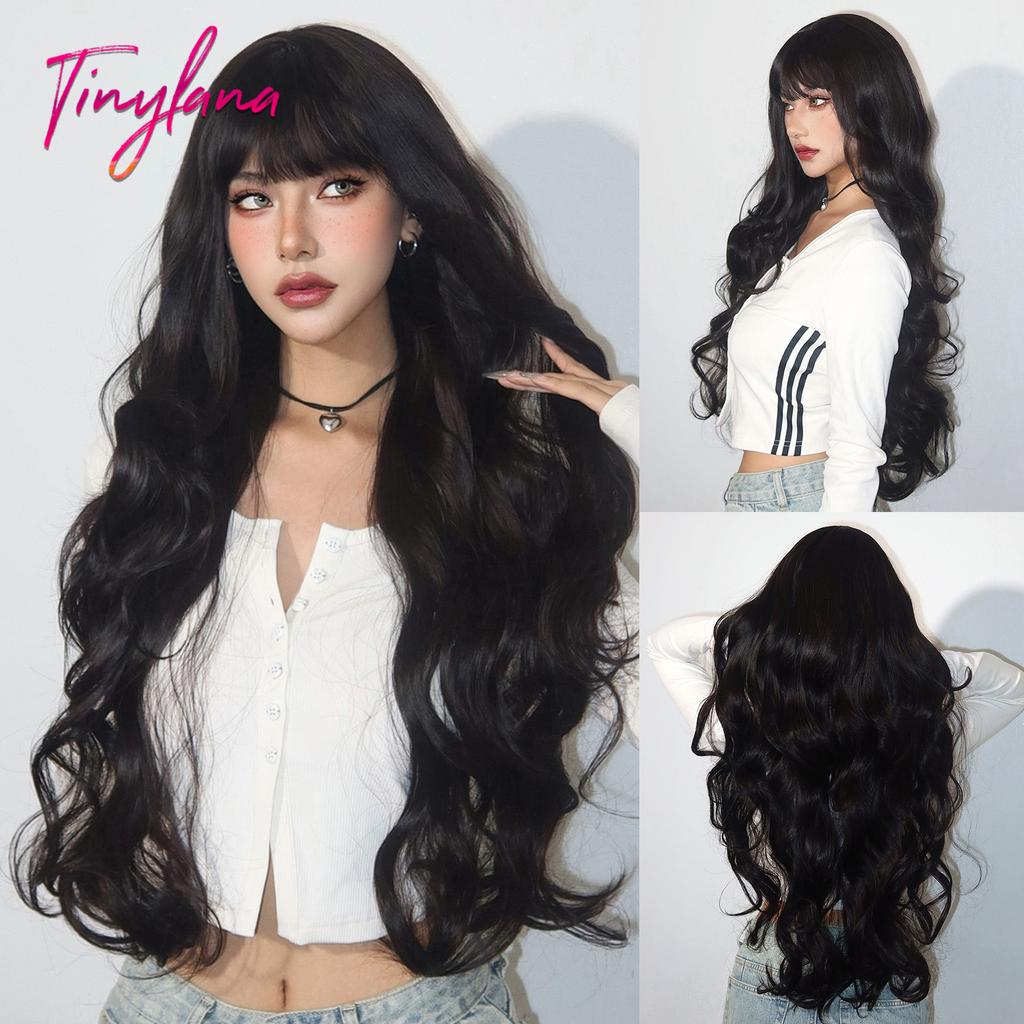 Long Golden Blonde Wave Synthetic Wigs with Bangs for Women Golden Brown Natural Cosplay Costume Daily Hair Wigs Heat Resistant