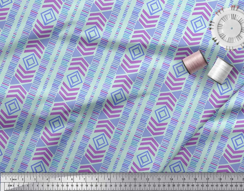 Soimoi Blue Japan Crepe Satin Fabric Aztec Geometric Print Fabric by the Metre 42 Inch