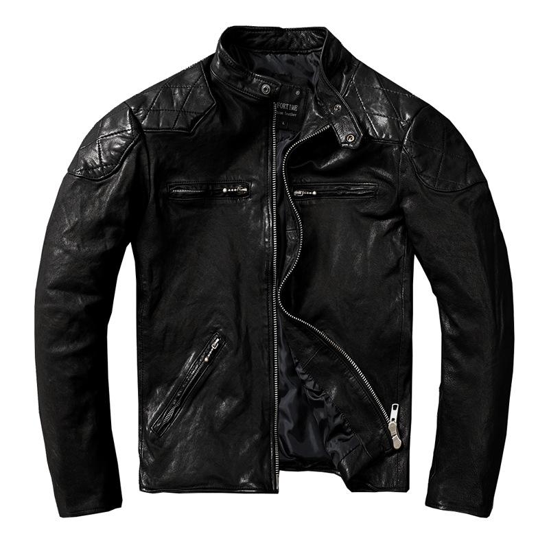 Pele de ovelha Planta curtida Vintage Lavagem para fazer Velho Primeira camada de couro Jaqueta de couro Jaqueta curta de couro para motocicleta masculina Casaco de gola alta Maré