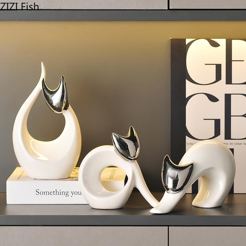 Sztuka Abstrakcyjna Ceramiczny Posążek Kotka Białe Ozdoby Zwierzęce Dekoracja Biurka Porcelanowa Rzeźba Kota Estetyka Wystroju Pomieszczenia