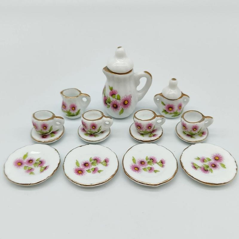 15Pcs Desk Top Mini Doll House Accessories Ceramic 7 Styles China Tea Cup Pocket Tea Set For Dollhouse Decor Kids Pretend Play