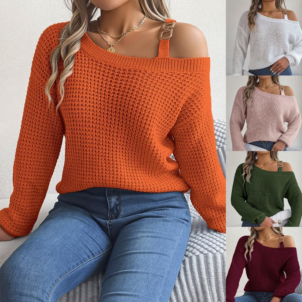 Damesweatshirt Høst/Vinter Casual Metallspenne Lappverk Off-Shoulder Klokkeermer Pullover Strikk Damer Strikket Topp