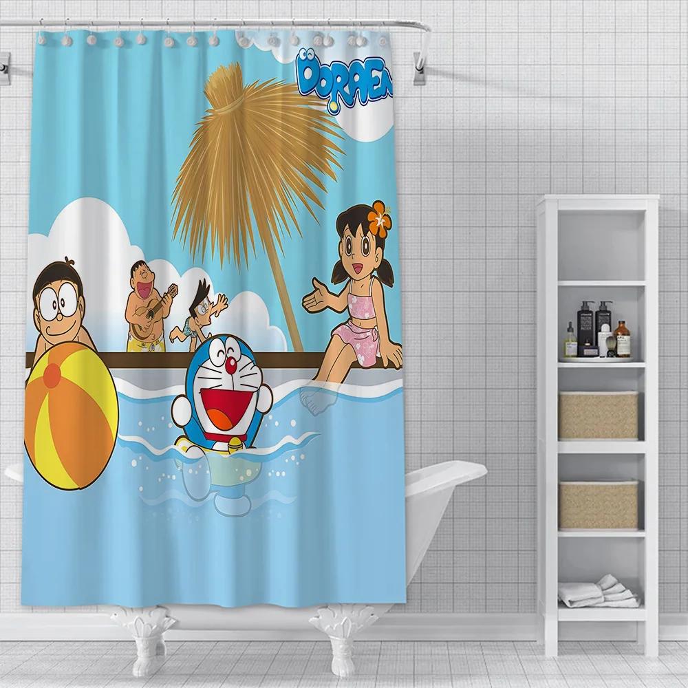 PO01 Lovely Cartoon D-Doraemons Shower Curtain Waterproof Polyester Fabric Bath Curtains Home Bathroom Decor Curtain With Hook