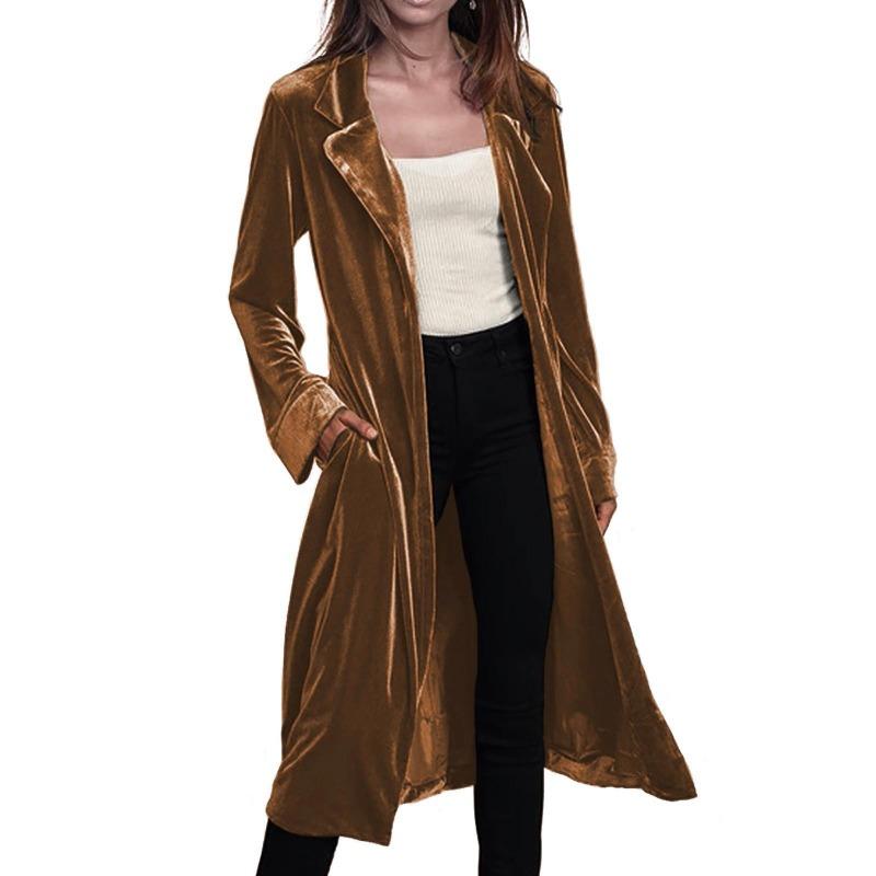 

Жіноча модна золота оксамитова довга вітровка, осінь-зима, елегантний в’язаний кардиган з лацканами і довгими рукавами, тепла куртка M жовтий