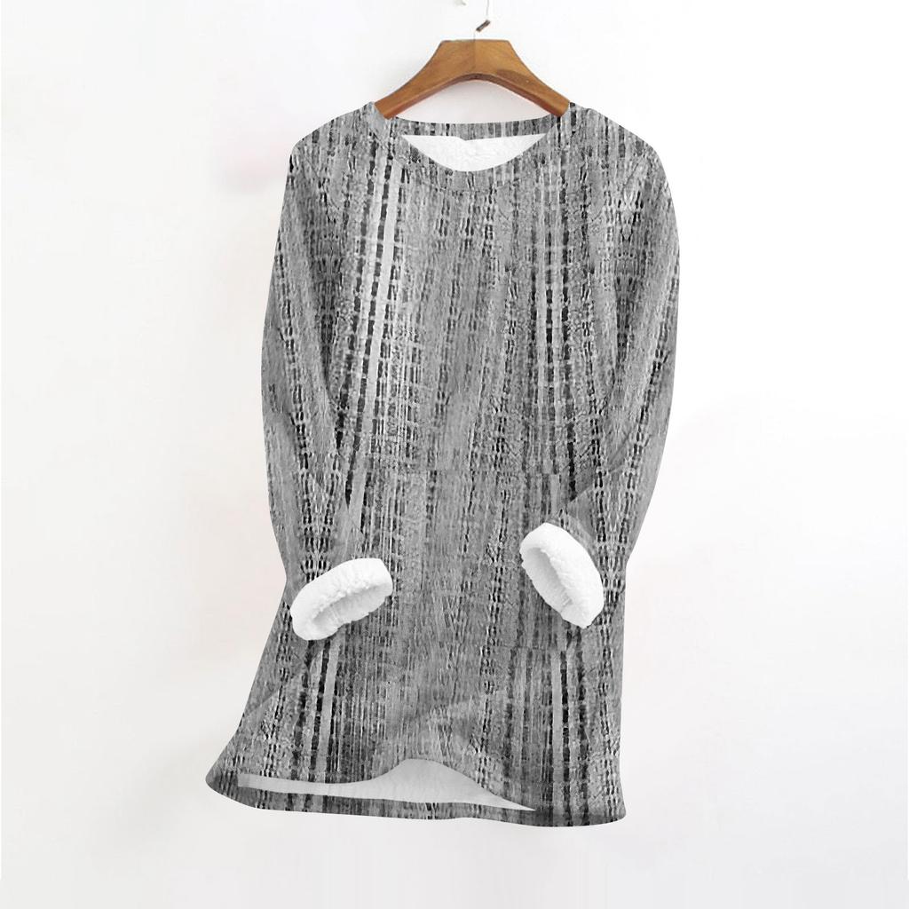 Women's Fashionable Printed Round Neck Long Sleeved Plush Warm Pullover Top